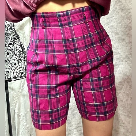 VTG high waisted pink plaid bermuda shorts with belt loops size 38 - Picture 1 of 6
